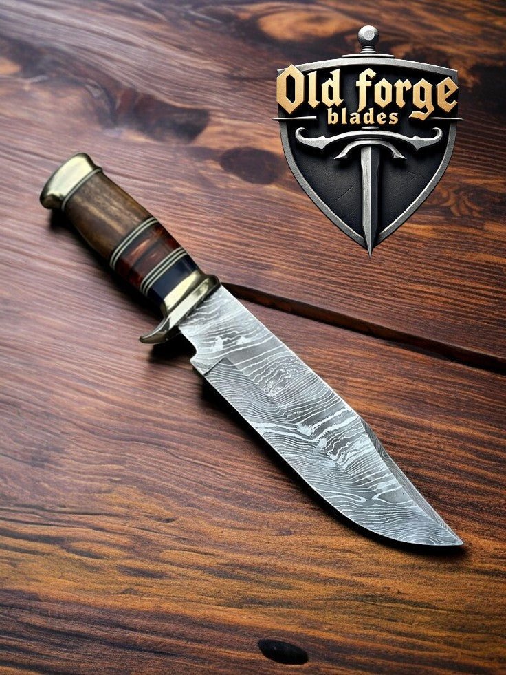 Handmade Damascus Steel Bowie Knife with Exotic Wood & Resin Handle