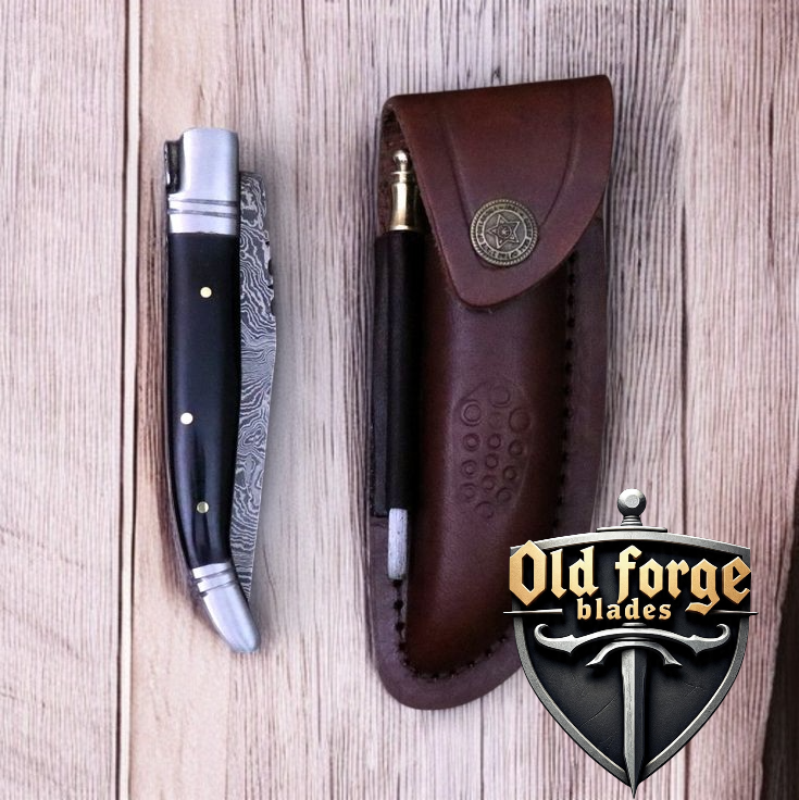 Premium Damascus Pocket Knife – Buffalo Horn Handle