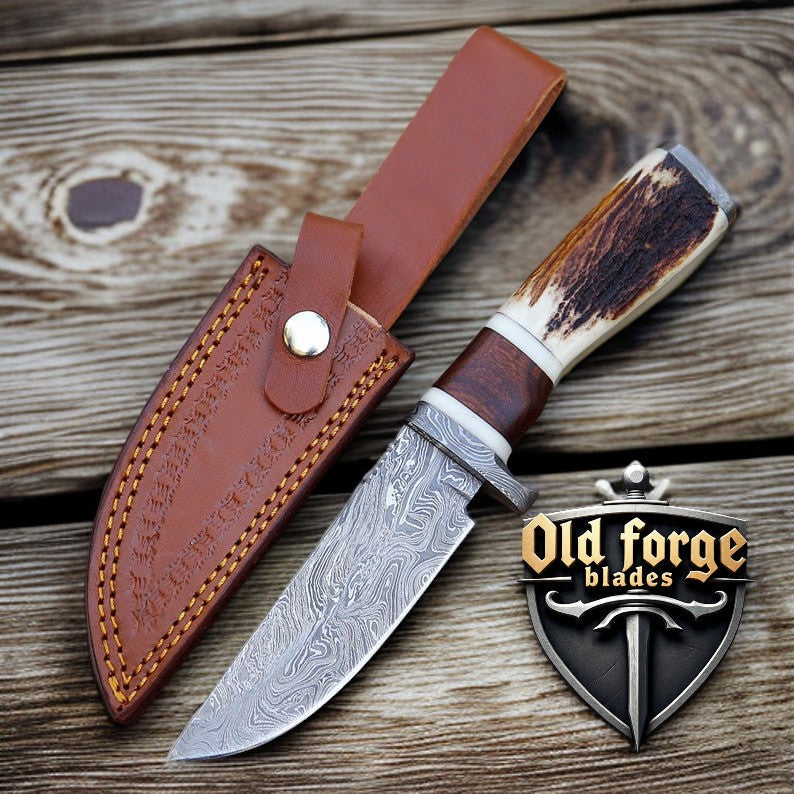 Premium Damascus Deer Hunting Knife with Rosewood Handle
