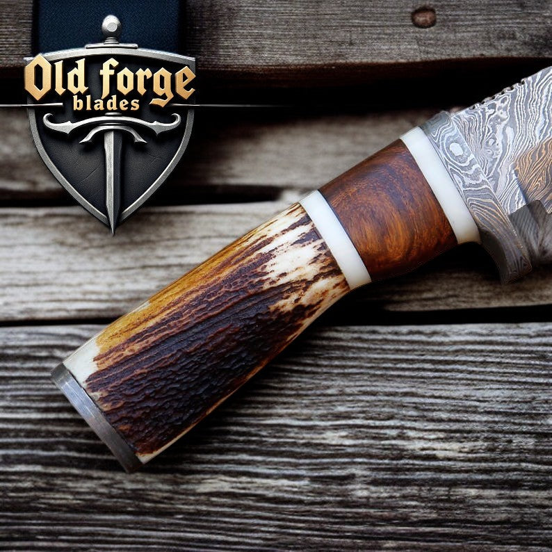 Premium Damascus Deer Hunting Knife with Rosewood Handle