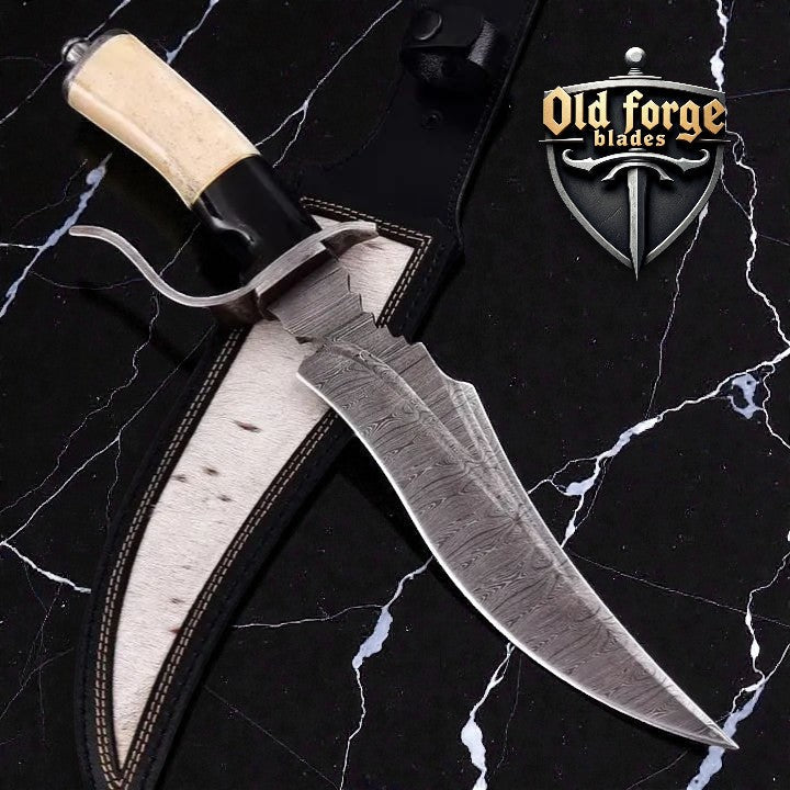 Best Knife for Deer Hunting – Handmade Damascus Bowie Knife with Leather Sheath