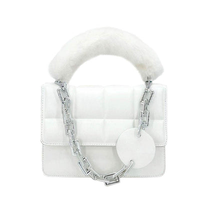 Solid Faux Fur Handle Tote Crossbody Bag