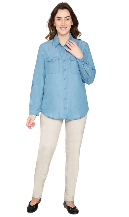 Women's Long Sleeve Button Down Denim Shirt with Front Pocket