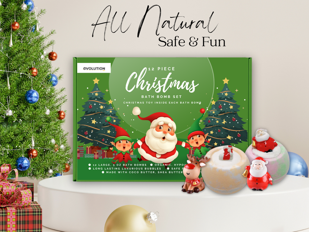 EvolutionUSA - 12 Christmas Bath Bombs for Kids, Holiday Bath Bombs with Surprise Inside, Perfect Christmas Stocking Stuffers or Festive Holiday Bathombs Set, Natural & Hypoallergenic Bath Ball Set