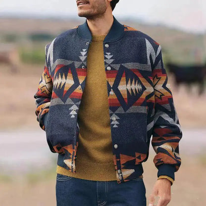 Geometric Pattern Stand Collar Cardigan Jacket