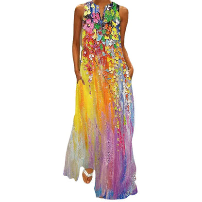 Summer Vintage Print Maxi Dress with V-Neck