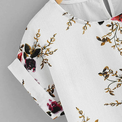 Floral Print O-Neck Blouse for Women Short Sleeve Top