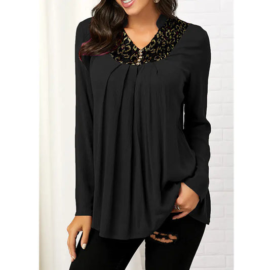 Printed V-neck Long Sleeve Lace Top.