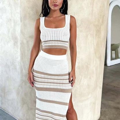 Summer New Sleeveless Vest Sexy Slit Striped Skirt Knitting Suit