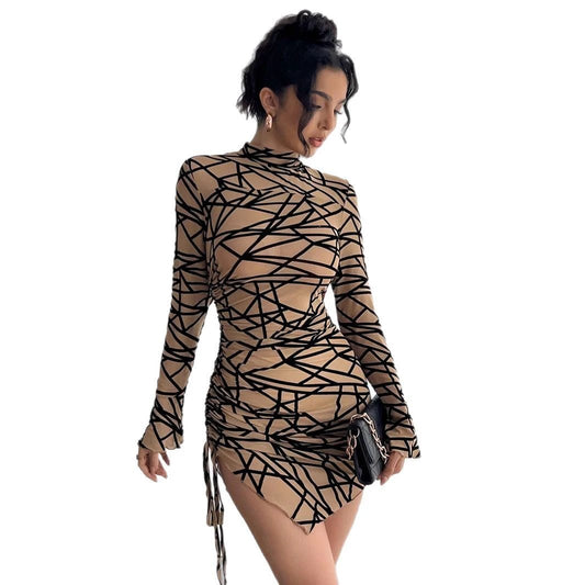 Slim-fit Side Drawstring Stand-up Collar Long-sleeved Irregular Short Dress