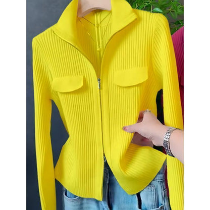 Polo Collar Solid Color Sweater All-match Long Sleeve