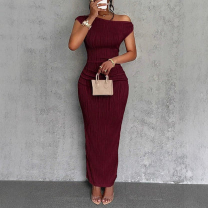 Cute Fashion Water Ripple Sloping Shoulder Dress