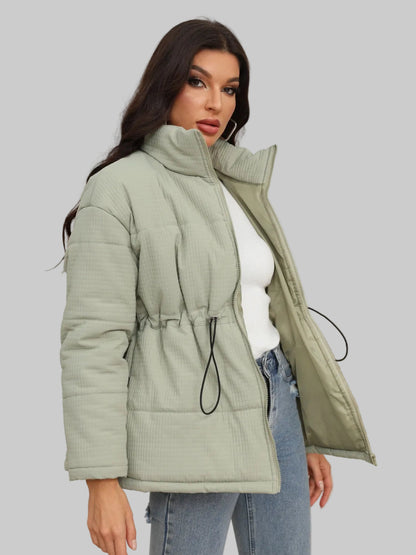 Women Drawstring Waist Zip-Up Puffer Jacket
