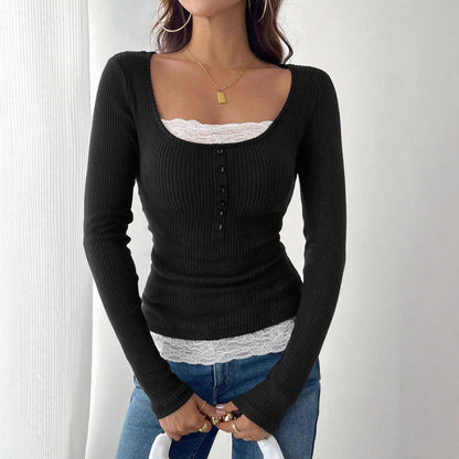 Women's Lace Stitching Crew Neck T-shirt Top