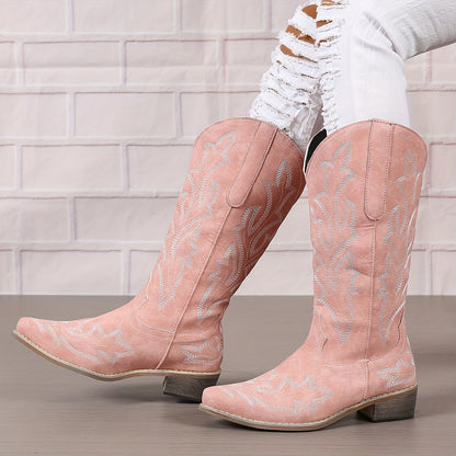 Mid Calf Women's V-cut Embroidery Western Cowgirl Boots