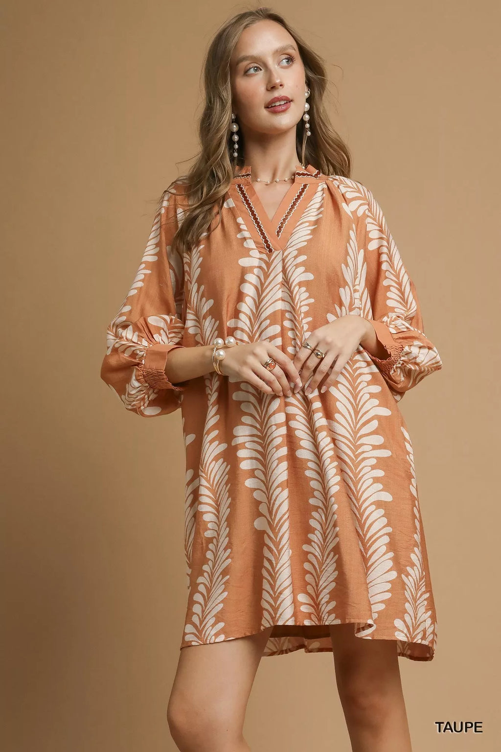 Umgee Leaf Print Notched Mini Babydoll Dress