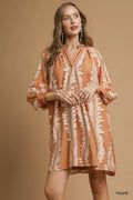 Umgee Leaf Print Notched Mini Babydoll Dress