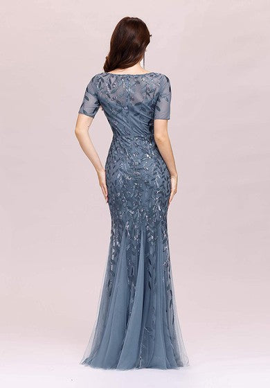 Tulle Sequins Floor-length Mermaid Short Sleeve Vintage Modest Dress with Pleats