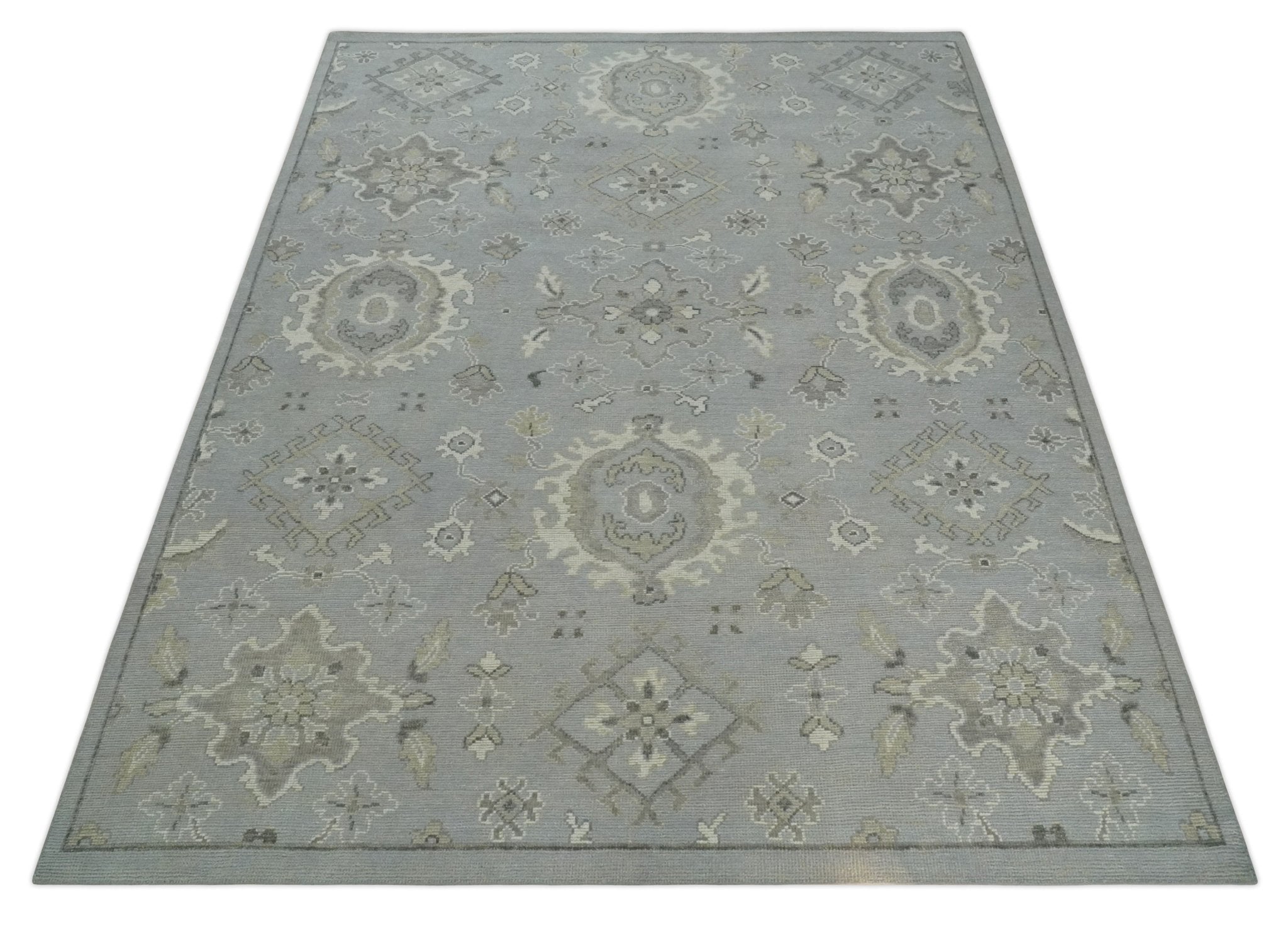 Antique Muted Silver Rug 8x11 Hand Knotted Turkish Silver, Beige and Brown Traditional Antique Persian Low Pile Area Rug