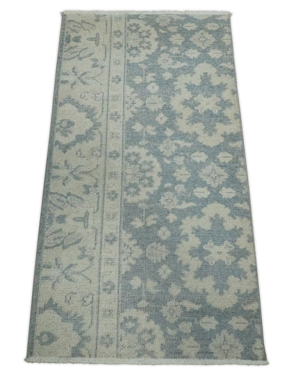 Antique Style Ivory and Charcoal Hand Knotted Traditional Oushak 2x4 wool Bedside Rug