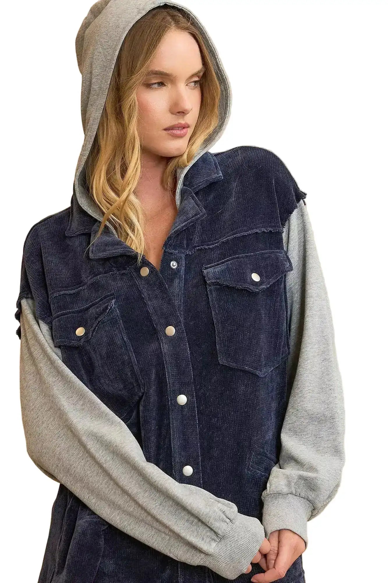 Umgee Contrast Hooded Chenille Jacket