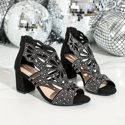 Elegant Formal  Black Floral Cut Out Heels Sandals