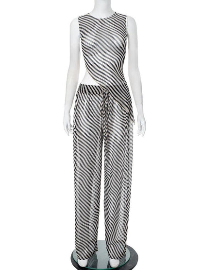 Women's Sleeveless Diagonal Stripes See-through Irregular Top Suit