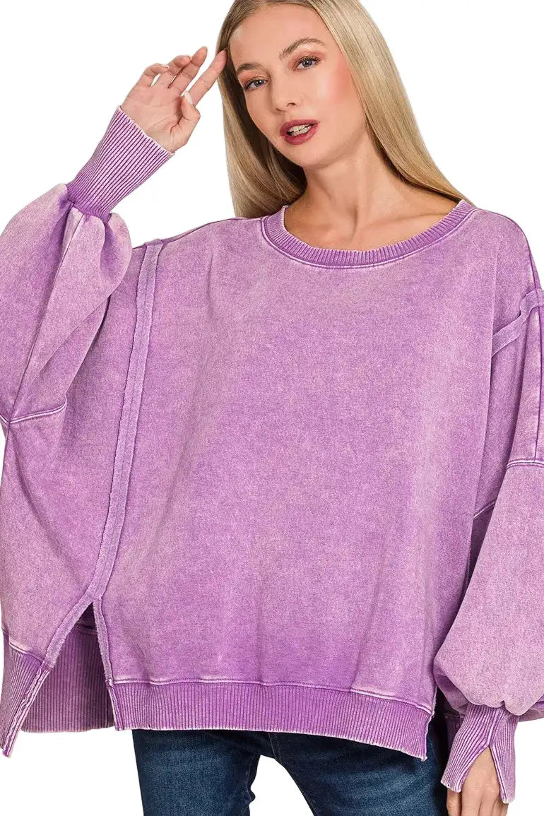 Zenana Acid Washed Batwing Sleeve Fleece Sweatshirt