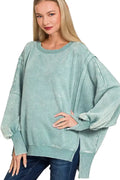 Zenana Acid Washed Batwing Sleeve Fleece Sweatshirt