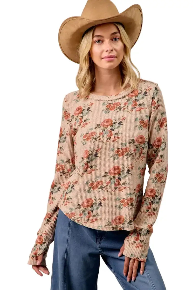 BiBi Floral Print Washed Waffle Thermal Top with Thumb