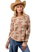 BiBi Floral Print Washed Waffle Thermal Top with Thumb