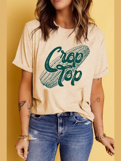 Women Corn Letter Graphic Cuffed Tee Shirt