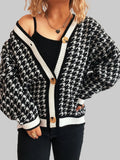 Women Houndstooth Pattern V-Neck Button-Up Cardigan Sweater