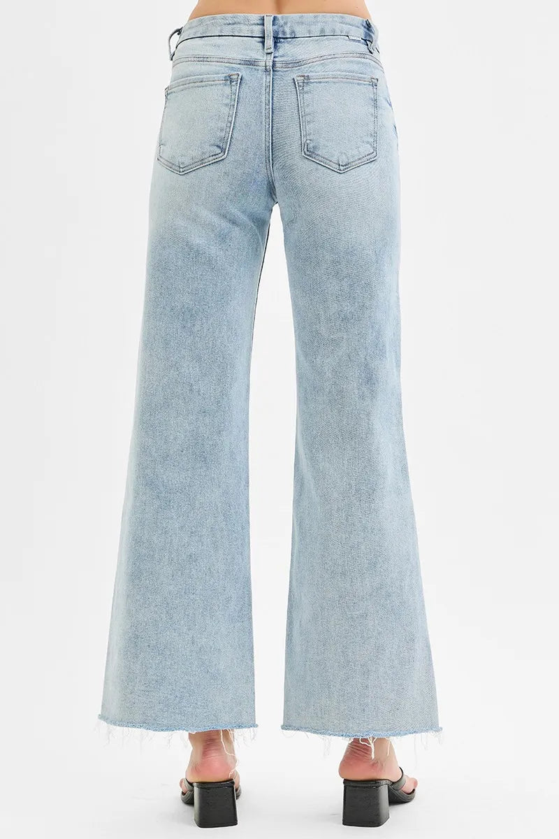 RISEN Full Size Tummy Control Low Rise Wide Leg Raw Cut Hem Jeans Plus Size