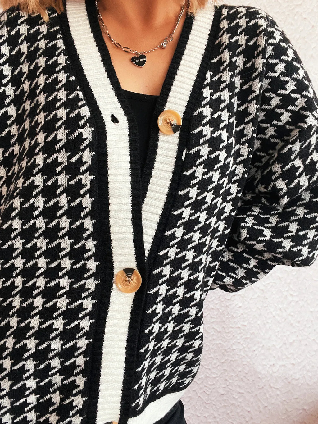Women Houndstooth Pattern V-Neck Button-Up Cardigan Sweater