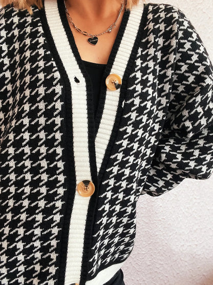 Women Houndstooth Pattern V-Neck Button-Up Cardigan Sweater