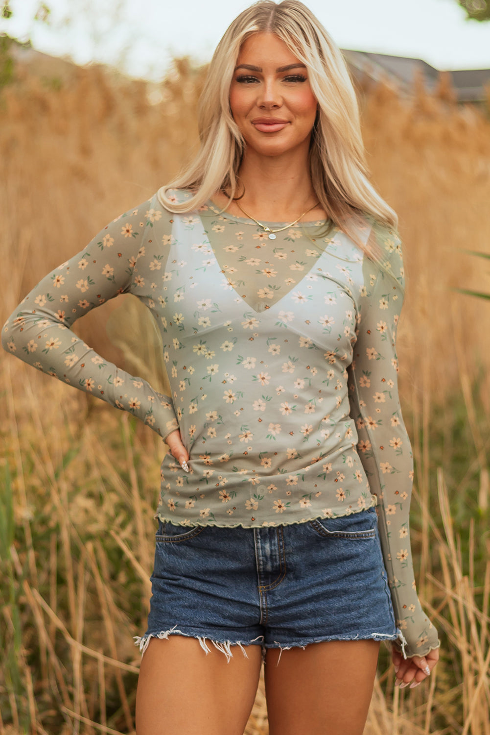 Amber Vintage Floral Mesh Long Sleeve Top