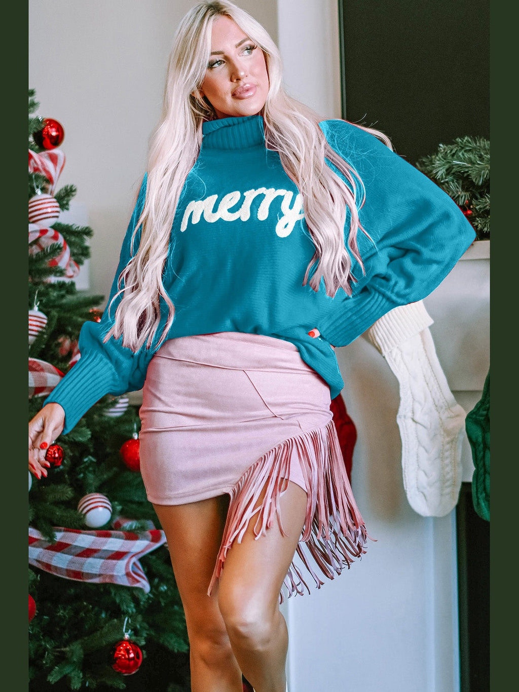 Women Double Take Full Size Merry Christmas Turtleneck Long Sleeve Sweater