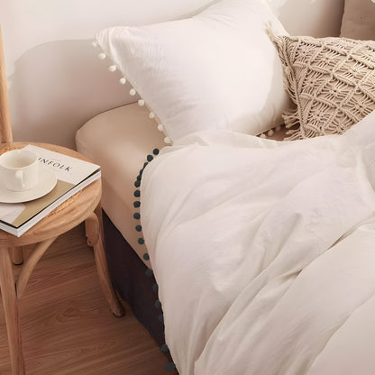 400TC Cotton Pom Fringe Sateen Solid Tone Boho Duvet Cover Set