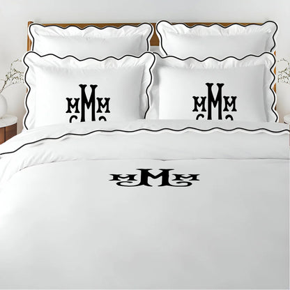 Monogram 400TC Cotton Scallop Embroidery Sateen Solid Duvet Cover Set