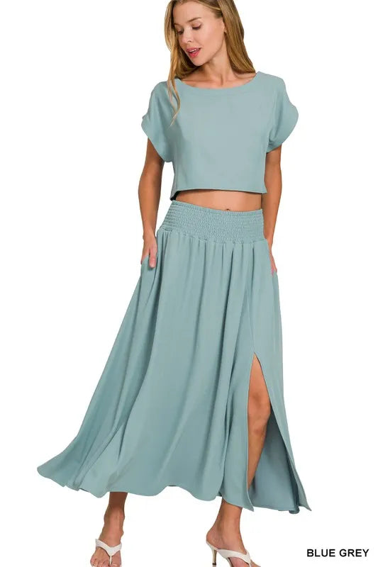 Zenana Heavy Woven Span Crop Tee & Skirt Set