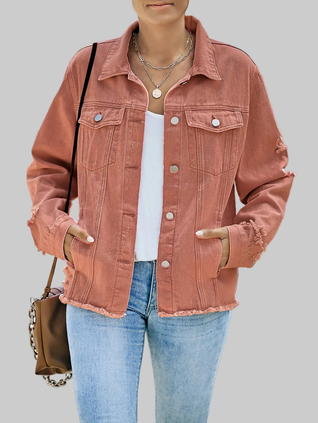 Distressed Raw Hem Denim Jacket