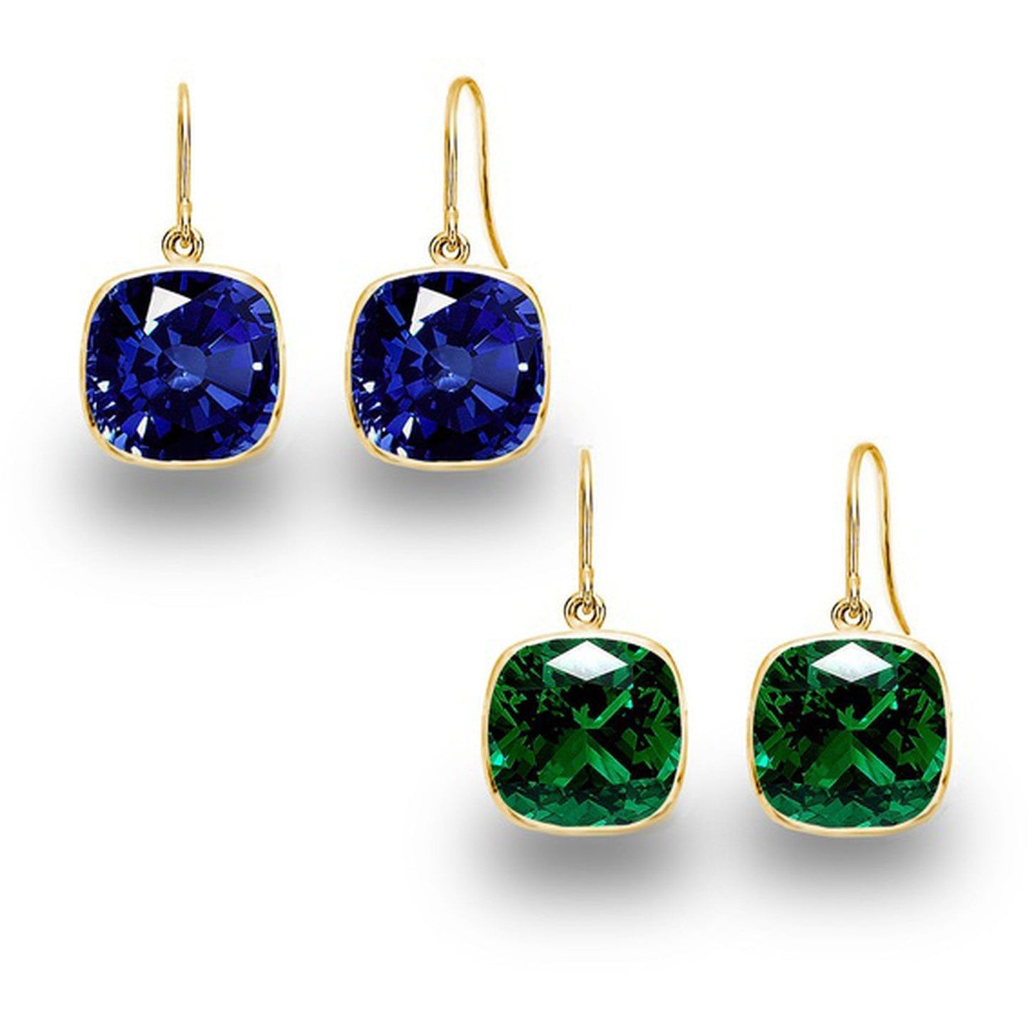 2 Pair Pack: 9.00 CTW Cushion Cut Created Blue Sapphire & Emerald Drop Earrings – Available in .925 Sterling Silver or 14kt Yellow Gold Over .925 – 8mm Square Gems