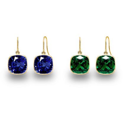 2 Pair Pack: 9.00 CTW Cushion Cut Created Blue Sapphire & Emerald Drop Earrings – Available in .925 Sterling Silver or 14kt Yellow Gold Over .925 – 8mm Square Gems