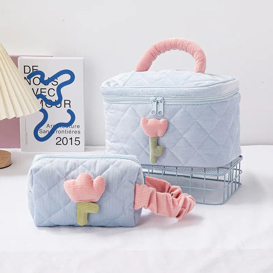 Set for Travel Corduroy Flower Makeup Bag and Beauty