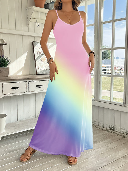 Comfort  Style V-Neck Rainbow Gradient Maxi Dress