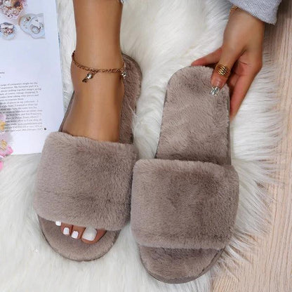 Fluffy Women's Indoor Lazy Plush Slippers Flat Cotton Slippers