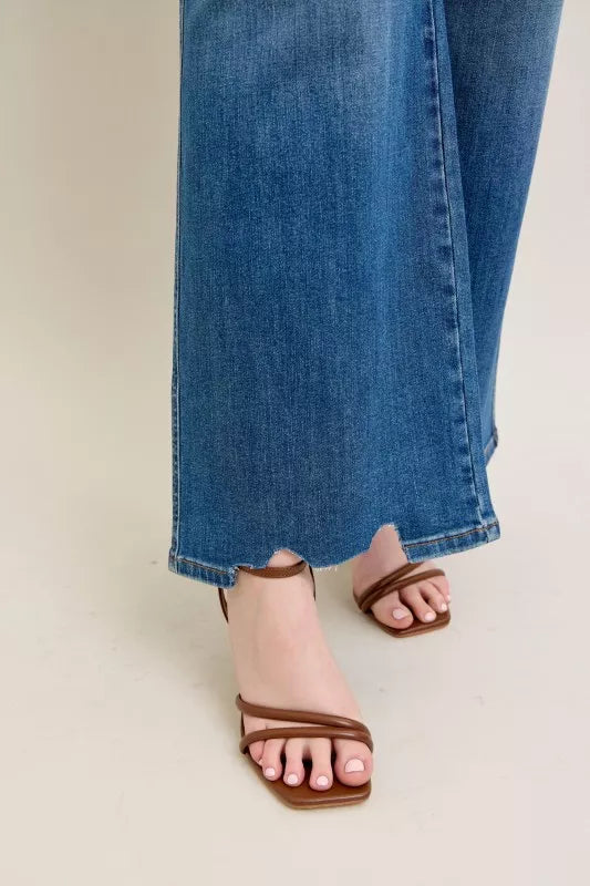 Judy Blue Full Size High Waist Tummy Control Chew Hem Destroy Wide Jeans Plus Size