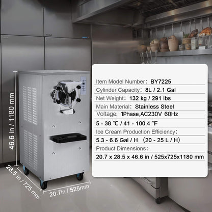Commercial Single-Flavor Hard Serve Stainless Steel Ice Cream Machine, 20-25L/H (SAK20782)