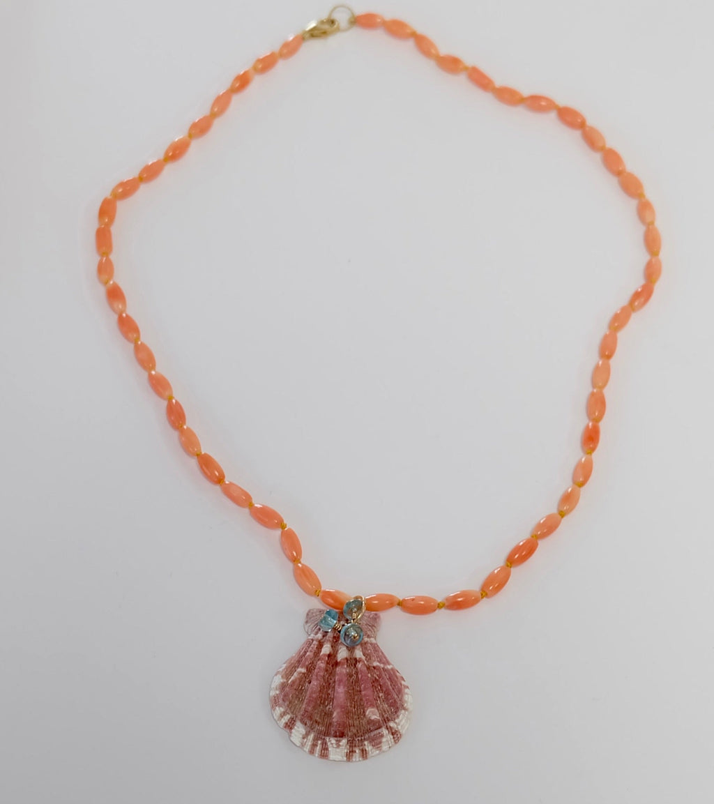 Coral Necklace With Shell and Apatite Charms